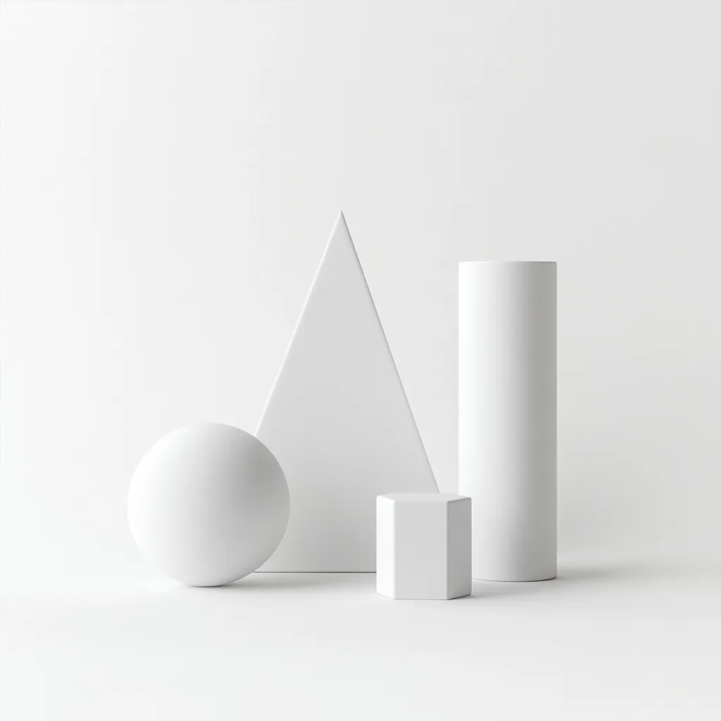 A minimalist still life featuring geometric shapes.  A white sphere, triangular prism, cylinder, and hexagonal prism are arranged on a white background. The clean lines and uniform color create a simple, elegant composition. The image evokes a sense of order and balance through its geometric precision and monochromatic palette.