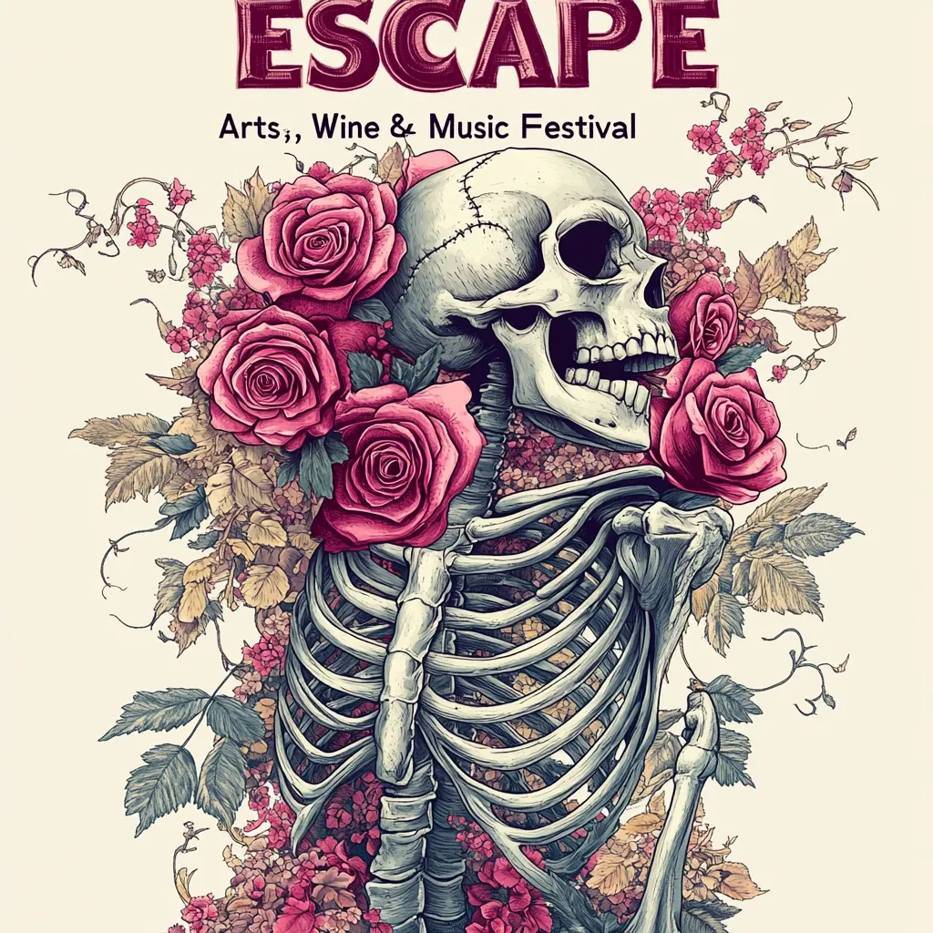 A stylized image for the "Escape Arts, Wine & Music Festival" features a detailed illustration of a human skeleton adorned with vibrant pink roses and an array of autumnal flowers.  The skull is positioned prominently, gazing towards the right, creating a striking juxtaposition of life and death, beauty and decay. The overall aesthetic is vintage and romantic with a touch of macabre charm.