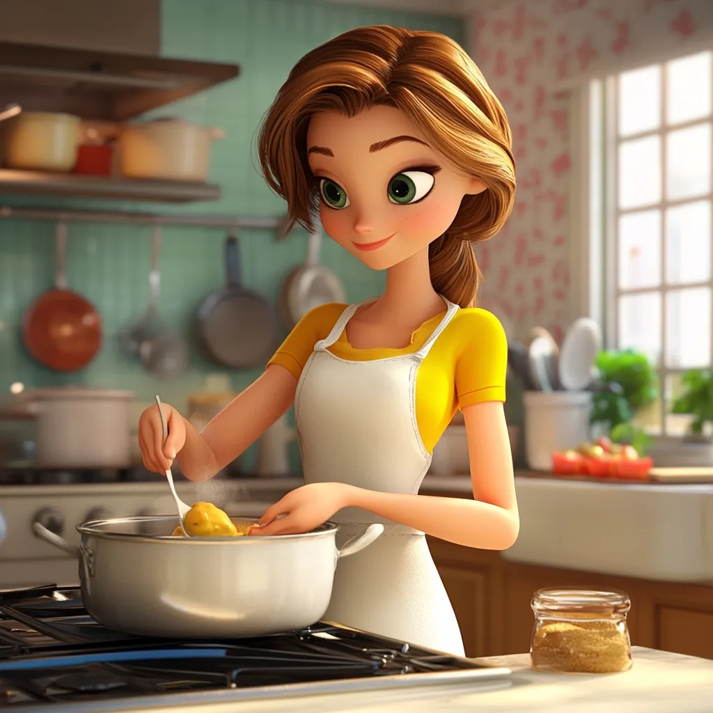A charming cartoon woman with auburn hair tied back, wearing a yellow shirt and white apron, stirs a pot on a stovetop in a bright, cheerful kitchen.  Her large, expressive eyes and gentle smile convey a sense of pleasant domesticity.  The kitchen is filled with warm light and features various cooking utensils. A small jar of seasoning sits on the counter nearby.