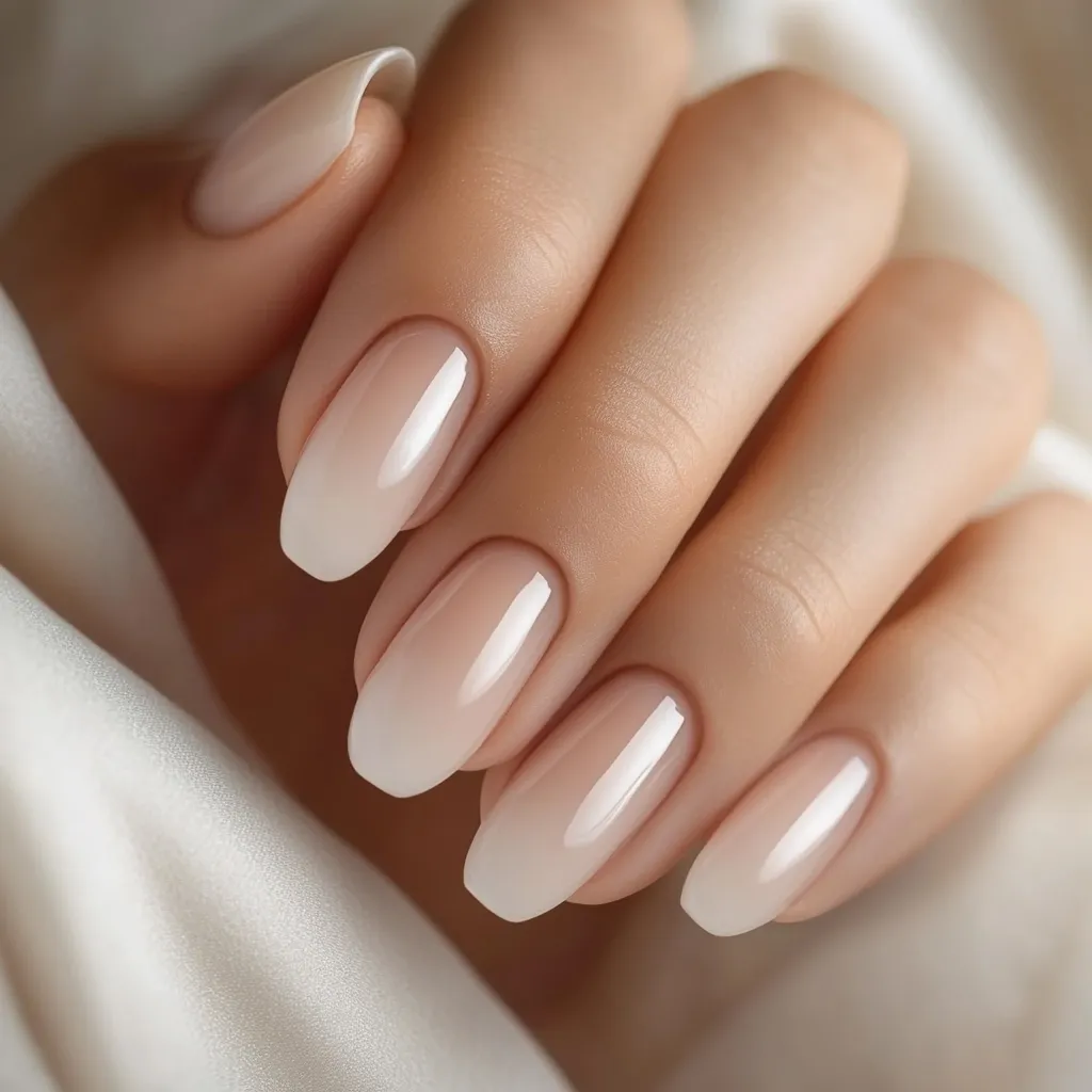 A close-up shot showcases a hand with meticulously manicured nails.  The nails are a soft, ombre shade of beige, transitioning from a lighter hue at the tips to a slightly deeper tone at the base.  The nails are long and oval-shaped, exhibiting a glossy, polished finish.  The hand rests gently on a creamy, silk-like fabric. The overall impression is one of elegance and sophistication.