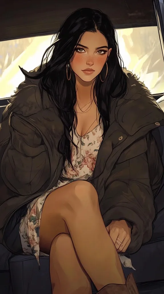 A stylized illustration depicts a young woman with long dark hair, seated in a vehicle.  She wears a dark olive puffer jacket over a floral dress.  Her makeup is subtly applied, highlighting her features. The overall style is soft and slightly romanticized, with a focus on her expression and pose.  She appears calm and composed.