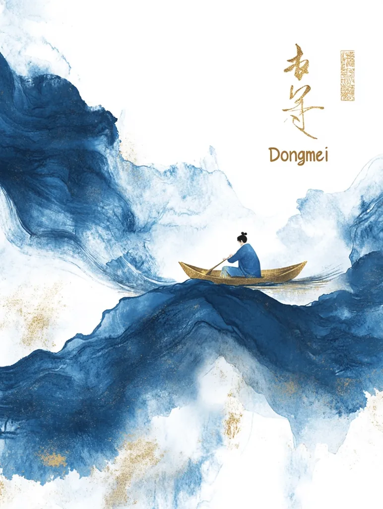 A serene watercolor painting depicts a lone figure in a small boat navigating swirling blue waters. The style is reminiscent of East Asian ink wash painting, with delicate gold accents.  The title "Dongmei" is displayed, adding to the artistic and possibly poetic feel.  The artwork conveys a sense of tranquility and contemplation amidst a vast, flowing landscape.