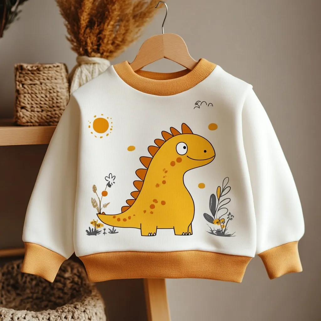 A cream-colored children's sweatshirt features a cute yellow dinosaur design.  The dinosaur is surrounded by simple floral illustrations and a sun.  The sweatshirt has mustard-yellow ribbed cuffs and neckline. It hangs on a wooden hanger, suggesting it's ready for a child to wear.  The overall style is minimalist and charming.