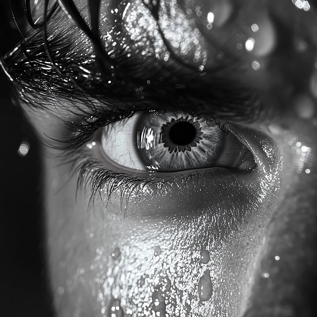 A close-up, monochrome shot captures a person's eye, glistening with sweat or tears.  The image emphasizes texture, with droplets clinging to the skin and eyelashes.  The eye itself is striking, the pupil dark and the iris detailed, suggesting intensity and emotion. The overall effect is dramatic and evocative.