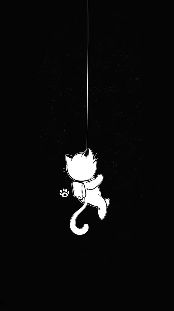 A minimalist illustration showcases a white cat, seemingly an astronaut, suspended against a stark black backdrop.  The cat, depicted in a simple line art style, wears a small backpack and clings to a thin, vertical line. A tiny paw print is visible near the cat, adding a subtle detail to the otherwise empty space. The overall effect is one of quiet solitude and adventure.