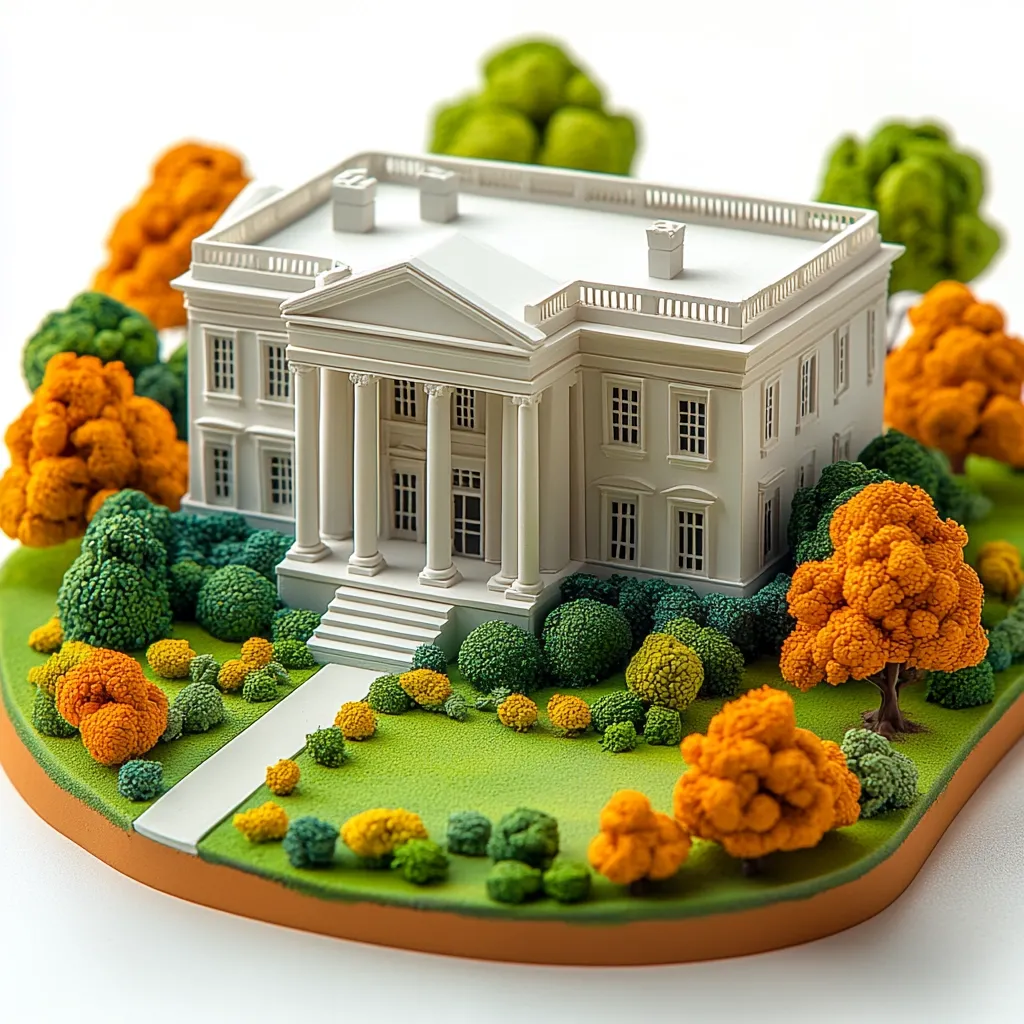 A miniature replica of the White House sits on a meticulously crafted landscape.  Surrounded by small, vibrantly colored trees and shrubs in shades of green, yellow, and orange, the model showcases impressive detail, from the columns of the portico to the manicured lawn. The overall scene is charming and evocative of an autumnal setting.