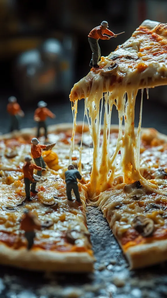 A whimsical close-up captures miniature construction workers meticulously crafting a large, cheesy pizza.  Strings of molten cheese stretch dramatically from a lifted slice, highlighting the pizza's deliciousness. The miniature figures add a playful, surreal element to the otherwise appetizing image of the mushroom and cheese pizza.  The scene is richly detailed, with a focus on texture and scale.