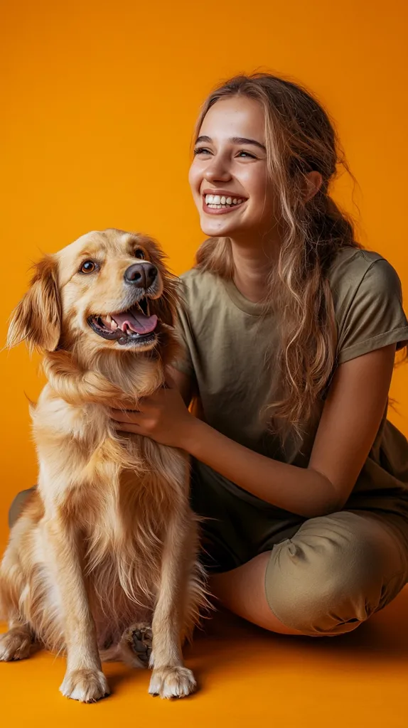 A young woman with long blonde hair sits on an orange background, smiling broadly as she hugs a golden retriever.  The dog sits calmly beside her, its tongue slightly out.  The woman wears a muted olive green t-shirt and pants, complementing the dog's fur. The overall mood is cheerful and warm.