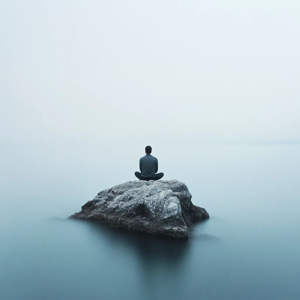 A solitary figure sits in a meditative pose atop a lone rock, barely visible in the misty expanse of calm water.  The muted color palette and tranquil scene evoke a sense of peace and solitude. The man's back is to the viewer, emphasizing introspection and connection with the serene, almost ethereal environment.  The image suggests contemplation and a quiet escape.