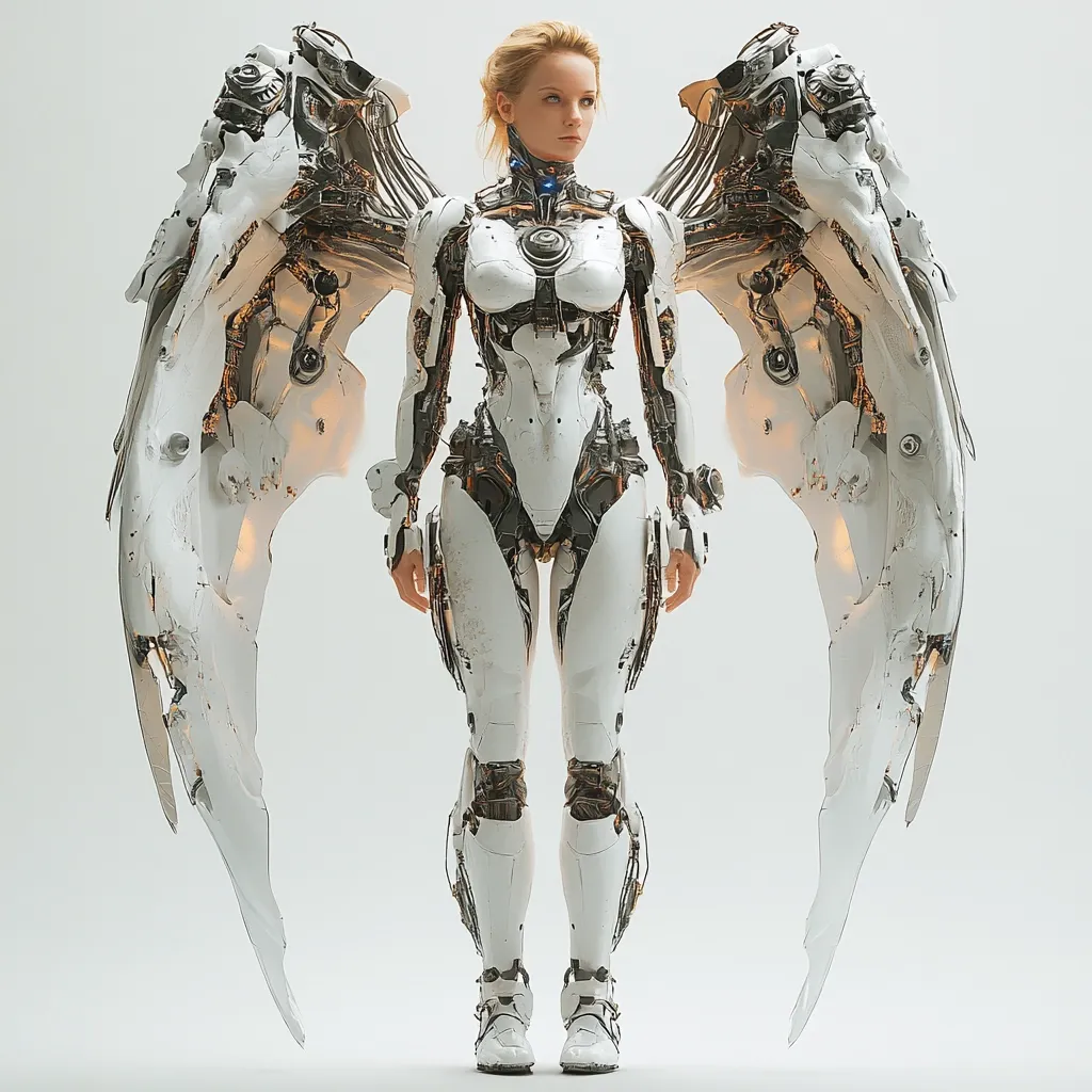 A female android with intricate, mechanical wings stands against a white background.  The robot's body is predominantly white and metallic, with visible joints and internal mechanisms.  The wings are large and complex, exhibiting a blend of organic and mechanical design elements.  The android's blonde hair and human-like facial features create a striking contrast with its robotic form.  The overall image is evocative of a futuristic, perhaps fantasy, setting.