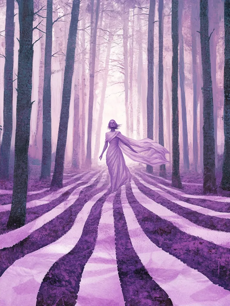A woman in a flowing lavender gown walks down a path of swirling purple and white stripes through a misty forest.  The trees are tall and slender, their trunks a muted purple.  The overall atmosphere is ethereal and dreamlike, with a soft, hazy light filtering through the woods.  The scene evokes a sense of mystery and tranquility.