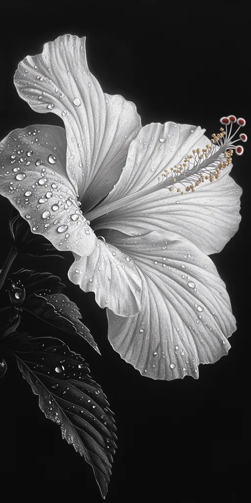 A black and white close-up showcases a hibiscus flower, its petals delicately detailed with water droplets.  The image emphasizes texture and contrast, highlighting the flower's intricate structure against a stark black background.  The grayscale palette enhances the dramatic effect of the water beads clinging to the petals and leaves.  The fine lines of the drawing create a realistic depiction of the hibiscus.