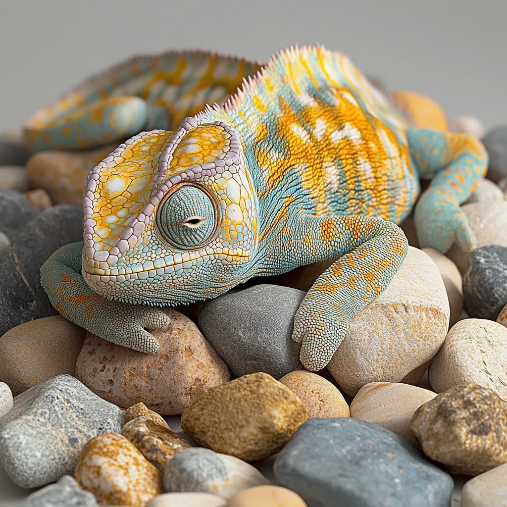 A vibrant chameleon, predominantly teal and orange, rests amidst a collection of smooth, multicolored stones.  Its skin displays intricate patterns, and its eyes are partially closed, suggesting a calm demeanor.  The stones vary in size and shade, creating a textured backdrop that contrasts beautifully with the reptile's scales. The overall image is sharp and detailed, highlighting the textures of both the chameleon and the stones.