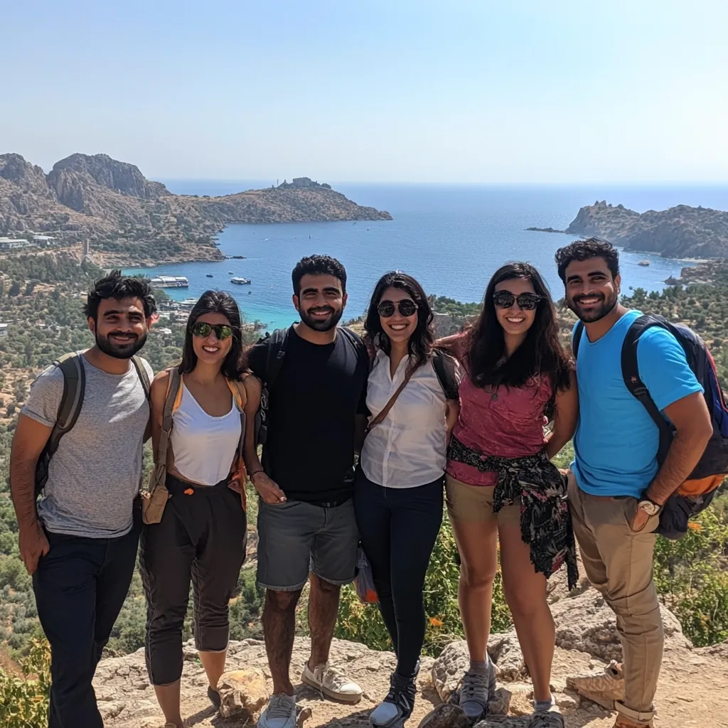 A group of six young adults pose for a photo on a rocky outcrop overlooking a stunning coastal vista.  The turquoise sea stretches to a horizon dotted with islands and hills.  The friends, dressed in casual summer attire, smile warmly at the camera, showcasing their enjoyment of the scenic location.  Their backpacks suggest a hiking or travel adventure. The bright sunlight and clear sky enhance the picturesque backdrop.