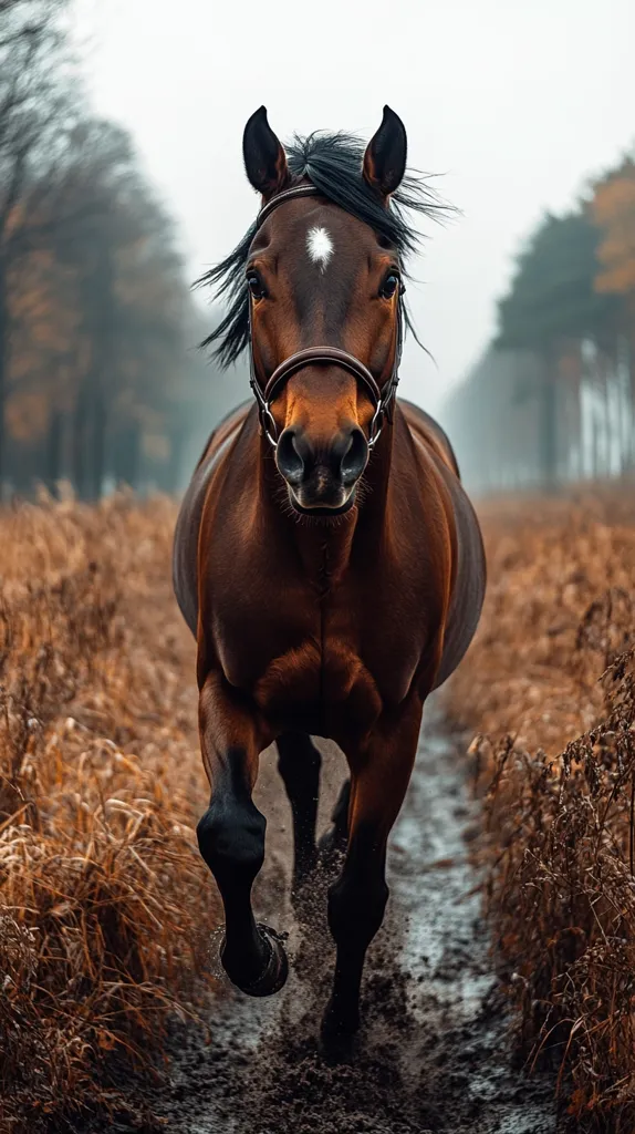 A majestic dark brown horse with a white blaze on its forehead gallops towards the camera down a muddy trail.  The horse is wearing a brown bridle and its mane and tail blow in the wind.  Dry, golden-brown grasses line the path, creating a beautiful autumnal scene.  The background is blurred, focusing attention on the powerful animal in motion.