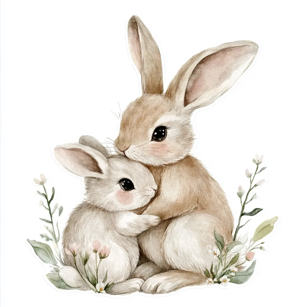 A watercolor illustration showcases two adorable rabbits nestled together amidst delicate wildflowers.  The larger rabbit gently embraces a smaller one, creating a heartwarming scene of affection.  Both rabbits are depicted in soft, muted tones of brown and white, with expressive eyes and fluffy fur. The overall style is charming and whimsical, perfect for children's decor or stationery.