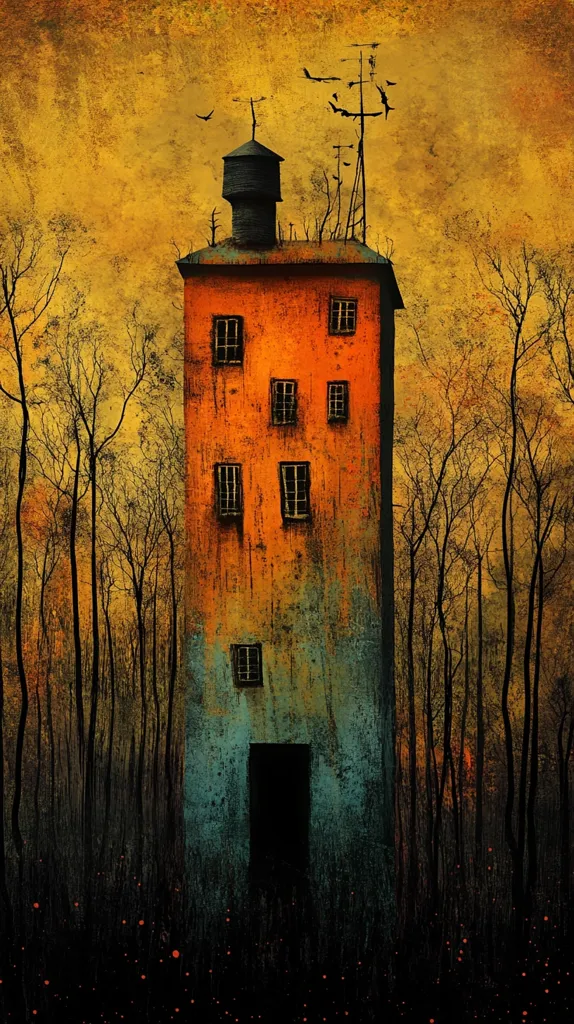 A tall, orange and teal building stands amidst a dark forest under a muted yellow sky.  The building features numerous small windows and a dark doorway.  Birds are silhouetted against the sky, perched on a tall antenna atop the structure.  The overall style evokes a melancholic and slightly surreal atmosphere.  The ground is covered in low vegetation speckled with tiny red lights.
