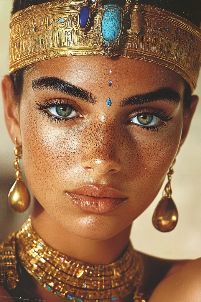 A close-up portrait of a woman adorned in opulent gold jewelry, reminiscent of ancient Egyptian regalia.  She wears a heavy gold headpiece with turquoise and lapis lazuli accents, matching teardrop earrings, and a multi-layered necklace. Her freckled skin and striking green eyes are accentuated by subtle makeup. The overall image evokes a sense of regal beauty and timeless elegance.