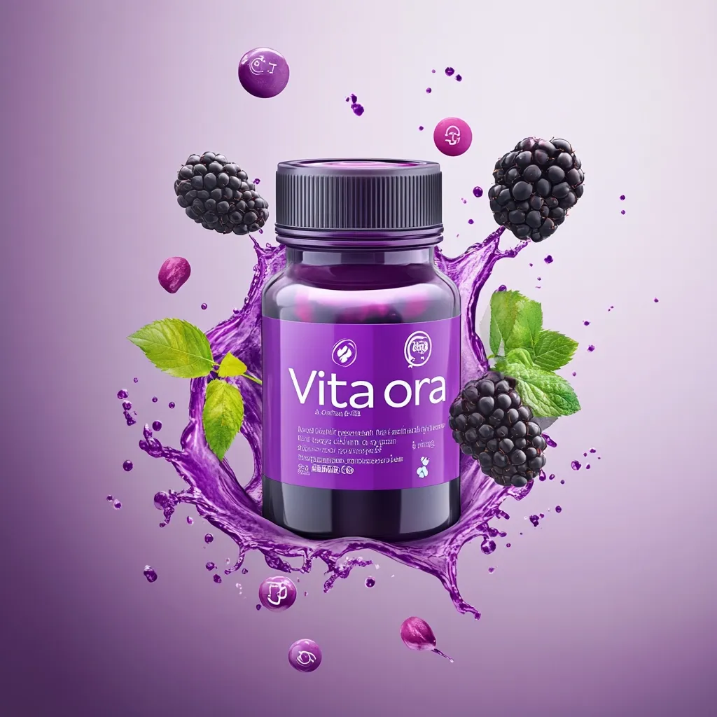 A purple bottle of Vita Ora supplements is showcased amidst a splash of purple liquid, evoking the taste of blackberries.  Blackberries and leaves surround the bottle, enhancing the product's natural and healthy image. The design is clean and modern, emphasizing the brand's name prominently.  Small purple pills are scattered in the background, completing the vibrant visual.