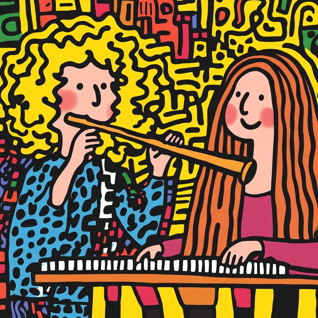 A vibrant illustration depicts two stylized figures engaged in musical collaboration. One, with bright yellow hair, plays a long, slender instrument resembling a flute or oboe. The other, with long, reddish-orange hair, sits at a keyboard.  Their clothing is bold and colorful, filled with playful patterns. The background is a chaotic yet lively mix of abstract shapes and lines, enhancing the overall energetic and whimsical tone.
