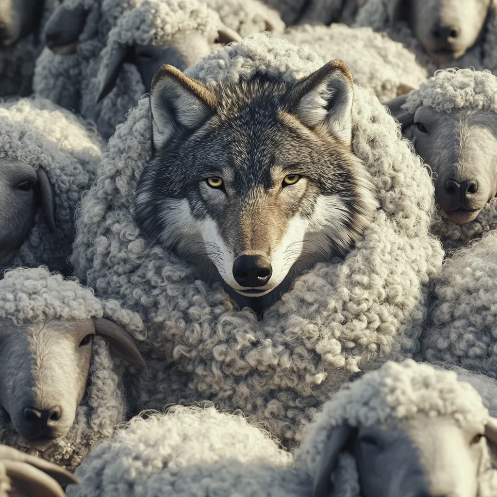 A wolf, cleverly disguised in a thick fleece of sheep's wool, is concealed amongst a flock of unsuspecting sheep.  Its intense gaze directly confronts the viewer, highlighting the deception and potential danger lurking within the seemingly safe herd. The image evokes a sense of hidden threat and vulnerability.