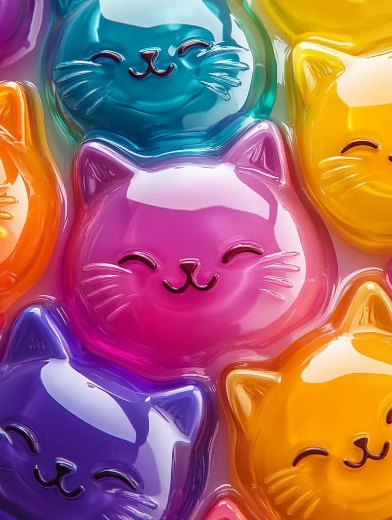 A close-up shot reveals a vibrant array of colorful, cat-shaped jelly-like objects.  Each cat features a simple, smiling face and is rendered in a different bright hue—turquoise, pink, purple, and orange—creating a playful, almost psychedelic effect.  The glossy texture and overlapping forms suggest a fun, possibly cosmetic or novelty item.