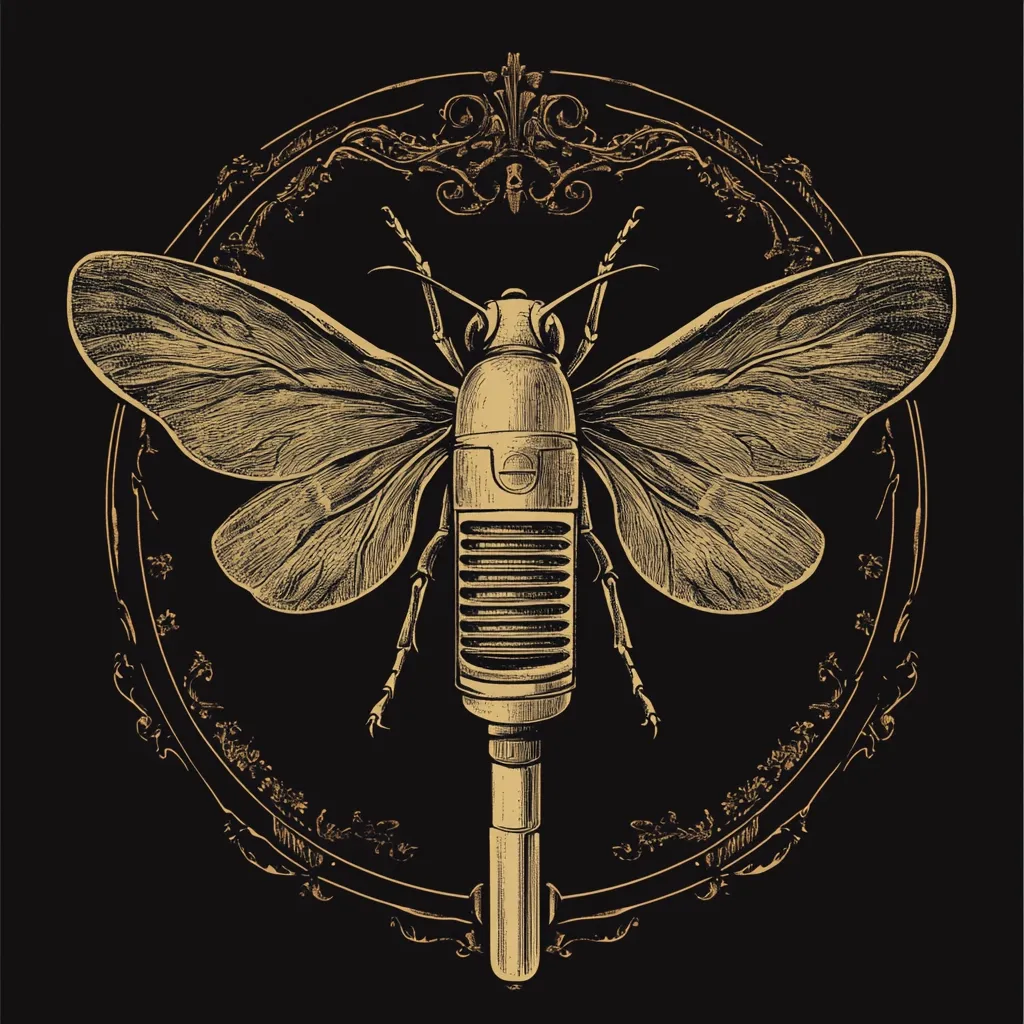 A detailed illustration showcases a moth with a vintage microphone forming its body. The intricate design is rendered in gold hues against a black background, encircled by an ornate frame.  The moth's wings are spread wide, creating a symmetrical composition. The style evokes a sense of vintage elegance and artistic sophistication, possibly suggesting themes of music, nature, or artistic expression.