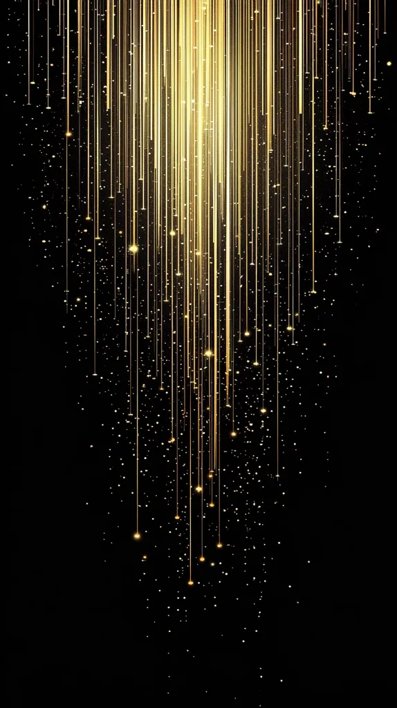 A dramatic abstract image features a cascade of golden vertical lines against a black background.  The lines vary in brightness, creating a sense of depth and movement.  Small golden sparkles are interspersed among the lines, enhancing the luxurious, celebratory feel.  The overall effect is elegant and reminiscent of falling stars or shimmering light.