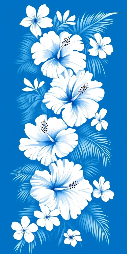 A vibrant vertical arrangement showcases large, white hibiscus flowers with subtle blue shading, interspersed with smaller white flowers and stylized blue palm fronds.  The design is set against a solid bright blue background, creating a striking contrast and a tropical, floral feel. The overall style is clean and graphic, suggestive of a textile print or wallpaper design.