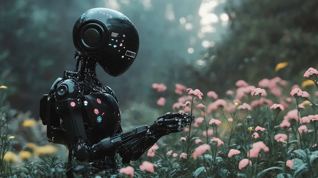 A sleek, black robot with glowing accents stands amidst a field of delicate pink flowers.  Its metallic body is intricately detailed, and it gently interacts with a single blossom. The background is a softly blurred forest, creating a dreamlike, ethereal atmosphere. The contrast between the mechanical robot and the natural beauty of the flowers evokes a sense of wonder and perhaps a subtle exploration of artificial intelligence and nature's coexistence.