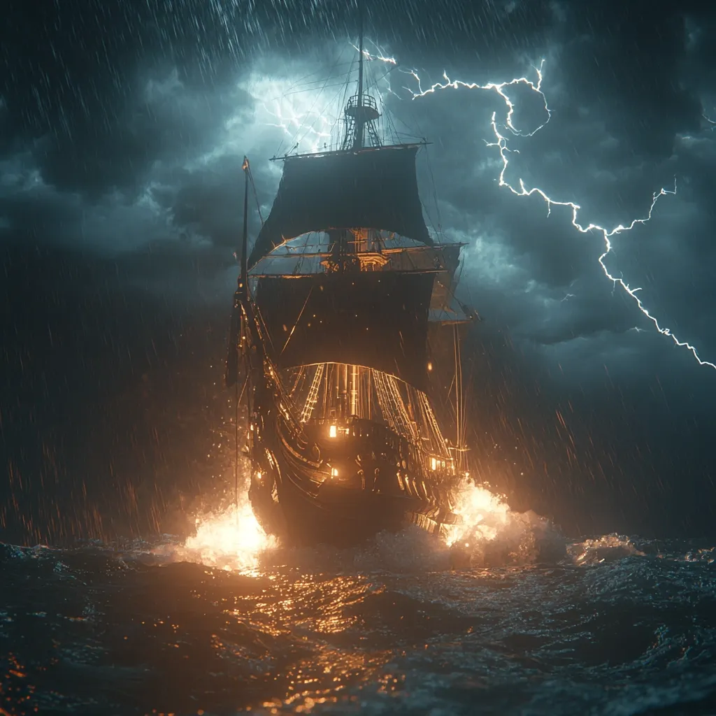 A majestic, dark galleon sails through a tempestuous sea under a stormy sky.  Lightning illuminates the rain-lashed waves as the ship cuts through them, its lanterns casting a warm glow against the ominous darkness. The scene evokes a sense of adventure and peril, a dramatic confrontation between nature's fury and the ship's unwavering journey.