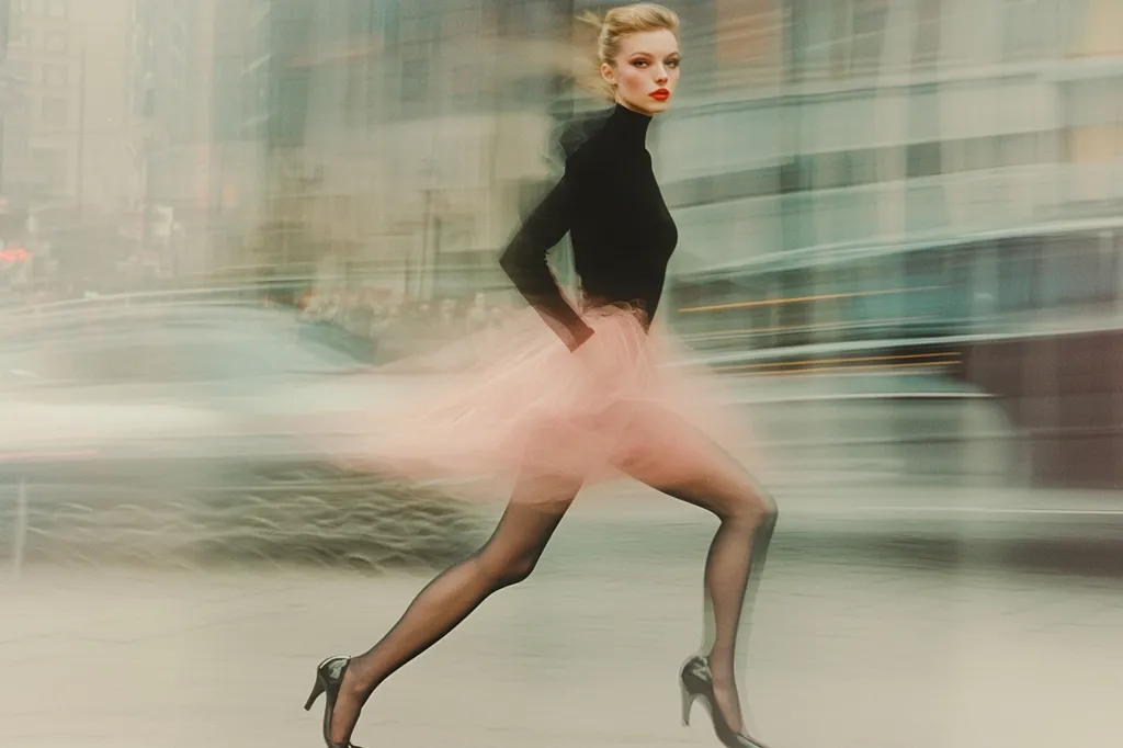 A fashion model in a black turtleneck and a flowing pink tulle skirt runs through a blurred city street.  The motion blur emphasizes her movement and creates a dynamic, energetic image.  She wears black heels and her blonde hair is pulled back. The background suggests a bustling urban environment, contrasting with the model's focused stride.