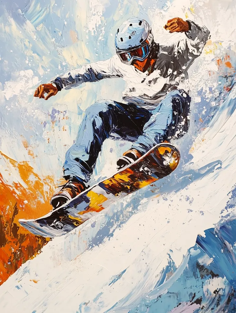 A dynamic painting captures a snowboarder in mid-air, executing a daring maneuver.  The artist uses vibrant impasto techniques, showcasing the energy of the movement and the texture of the snow.  Blues, whites, and oranges dominate the palette, contrasting the snowboarder's white jacket against the snowy landscape and a hint of orange mountain in the background. The overall impression is one of exhilarating speed and skillful athleticism.