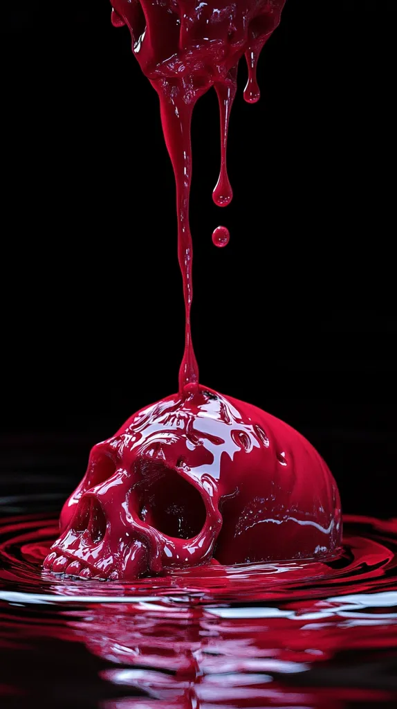 A human skull is submerged in a pool of deep crimson liquid.  A stream of the same viscous substance flows from above, dripping onto the skull's surface, creating ripples in the dark liquid. The contrast of the red against the black background enhances the dramatic and macabre atmosphere. The image evokes feelings of mortality and the passage of time.