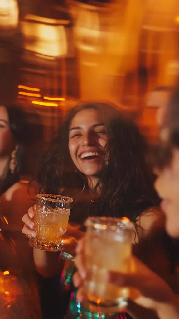 A group of young women enjoy drinks at a dimly lit bar.  One woman, with long dark hair, laughs brightly while holding a cocktail.  The warm lighting creates a vibrant, celebratory atmosphere, highlighted by the blurry background suggesting movement and energy.  The focus is on the joyful expressions and shared drinks, capturing a lively social scene.