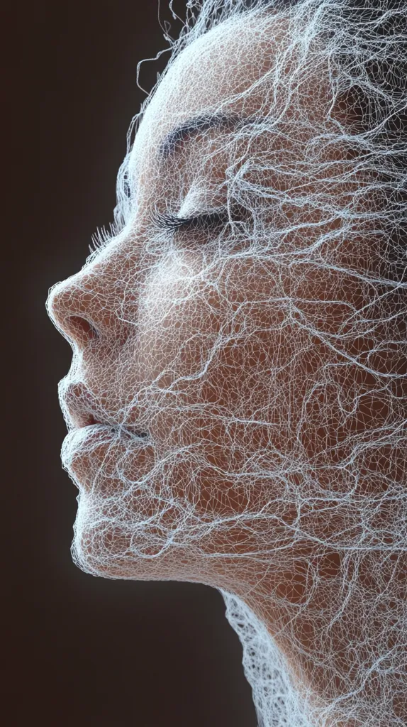 A close-up profile view of a woman's face, delicately veiled by a fine, intricate web-like material.  Her eyes are closed, suggesting serenity or contemplation. The white netting contrasts against her skin tone and the dark background, creating a striking visual effect. The image evokes a sense of mystery and fragility.