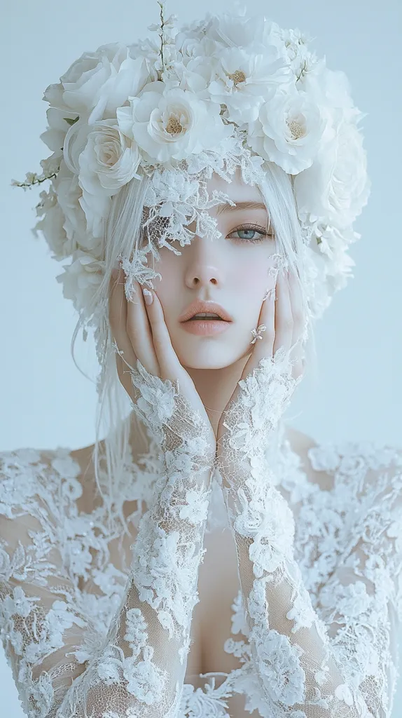 A woman with pale skin and long white hair wears an intricate white lace gown and a crown of white flowers.  Her hands, adorned with matching lace gloves, gently caress her face. The overall aesthetic is ethereal and delicate, with a soft, dreamy quality enhanced by the pale background.  The image evokes a sense of bridal elegance and fairytale fantasy.