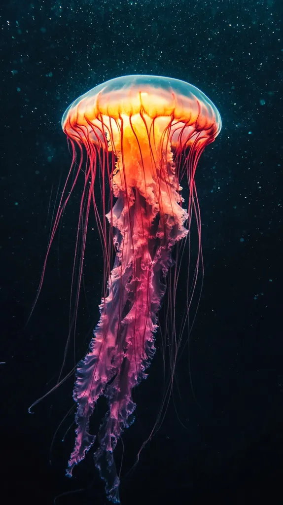 A jellyfish, vibrant with hues of orange, pink, and purple, gracefully floats in a dark, inky ocean.  Its bell glows faintly, illuminating the delicate, flowing tentacles that trail below.  The background is speckled with tiny particles, creating a sense of depth and mystery, highlighting the jellyfish's ethereal beauty.  The overall image evokes a feeling of serene underwater wonder.