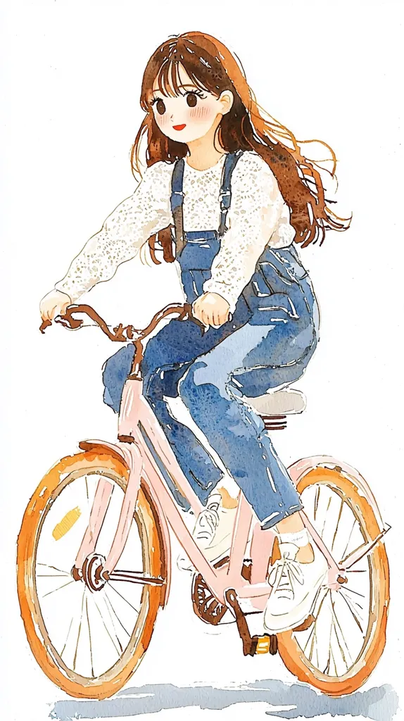 A watercolor illustration depicts a young girl with long brown hair riding a pale pink bicycle. She wears a white lacy sweater and blue denim overalls.  Her expression is pleasant, and her long hair flows behind her as she pedals.  The bike has orange-toned wheels, and the overall style is soft and charming.