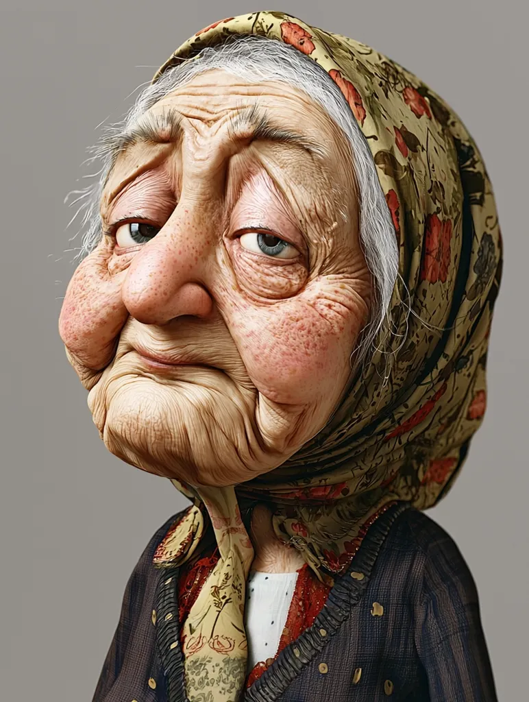 A close-up digital rendering depicts an elderly woman with exaggerated features.  Her face is deeply lined and wrinkled, showcasing age.  She wears a floral headscarf and a dark, textured jacket.  Her expression is one of mild sadness or weariness.  The style is reminiscent of caricature, emphasizing her age and giving her a slightly comical appearance. The overall tone is somewhat melancholic yet detailed.