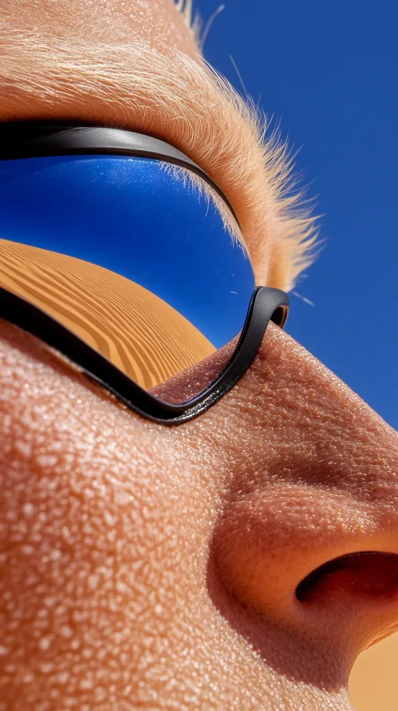 Close-up view of a person's face, partially obscured by sunglasses.  The sunglasses reflect a vibrant blue sky and textured orange sand dunes, suggesting a desert landscape. The person's skin appears sun-kissed and slightly sweaty.  The image focuses on the details of the skin and the reflection in the lenses, creating a striking contrast between the natural and the reflected elements.