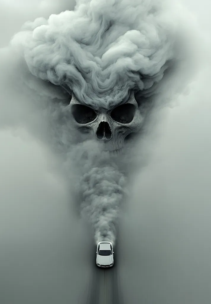 A white car drives down a road, leaving a trail of thick smoke that forms a skull-like shape in the clouds above. The ominous imagery suggests danger and the consequences of actions.  The overall tone is dark and foreboding, creating a dramatic visual metaphor.