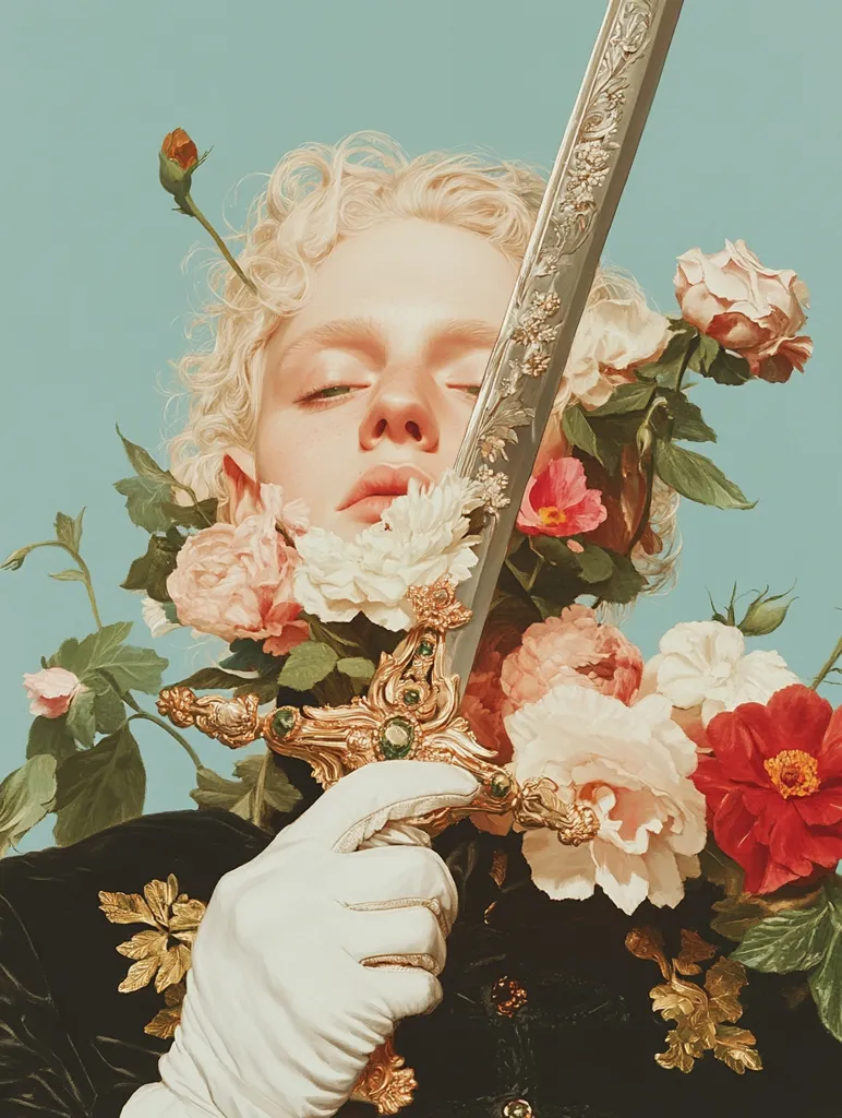 A painting depicts a fair-skinned person with blonde, curly hair, partially obscured by a profusion of pastel-colored flowers.  They hold an ornate, jeweled sword, its hilt gilded and the blade silver, nestled amongst the blossoms.  The individual wears a dark, possibly military-style jacket and white gloves. The background is a soft, pale blue, creating a striking contrast with the vibrant flowers and the metallic sheen of the sword. The overall aesthetic is one of delicate power and romantic contradiction.