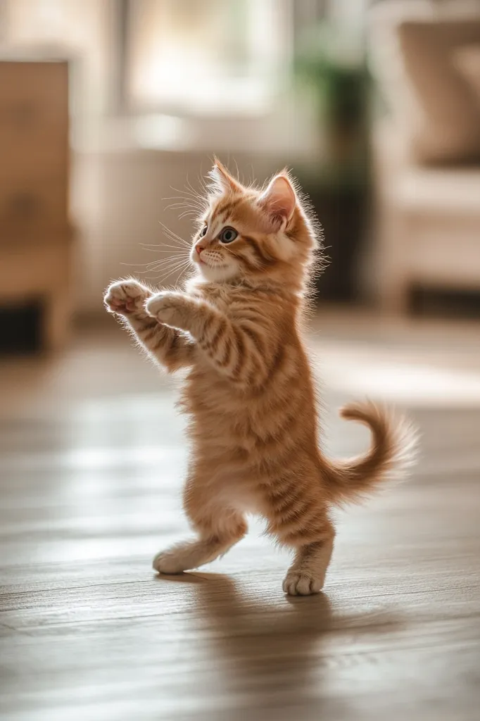 An adorable ginger kitten stands on its hind legs, its front paws raised playfully.  The fluffy kitten's bright eyes are wide, and its tail curls charmingly behind it.  It's captured indoors on a light wood floor, with a blurred background suggesting a warm, homey environment. The image is soft and evocative of youthful energy and playful curiosity.