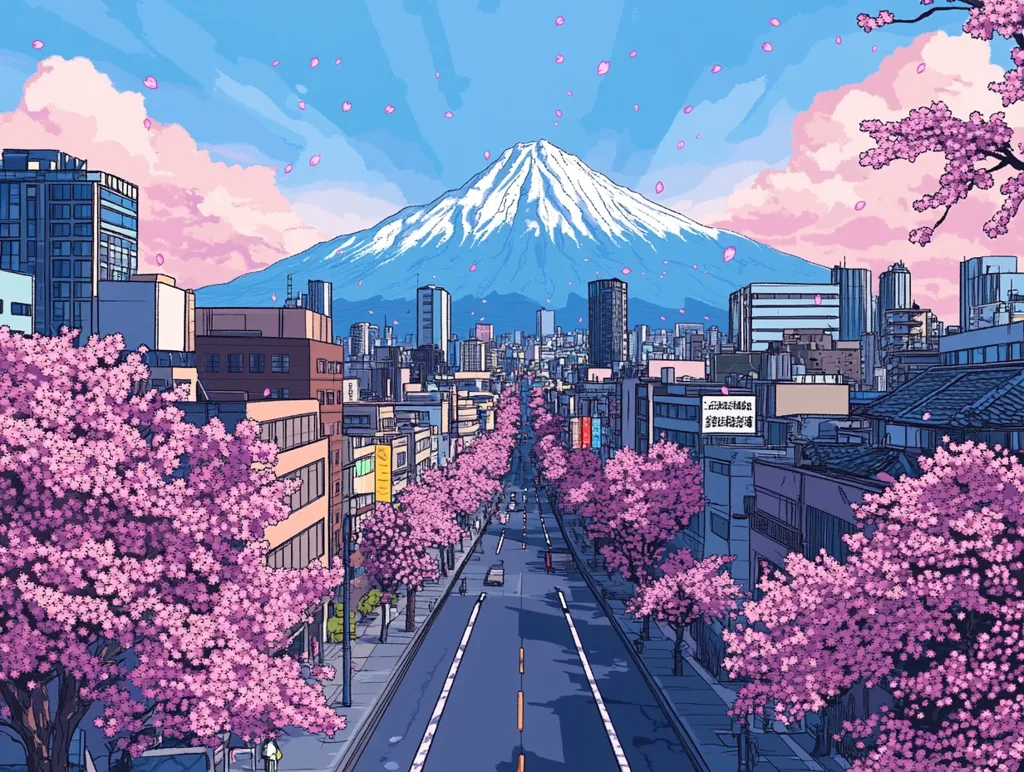 A picturesque illustration depicts a vibrant city street lined with cherry blossom trees, their pink flowers falling gently.  Mount Fuji, snow-capped and majestic, forms a stunning backdrop to the cityscape.  The style is reminiscent of anime or manga, with clean lines and pastel colors creating a serene and idyllic atmosphere.  Buildings rise towards the mountain, a blend of modern and traditional architecture under a bright, clear sky.