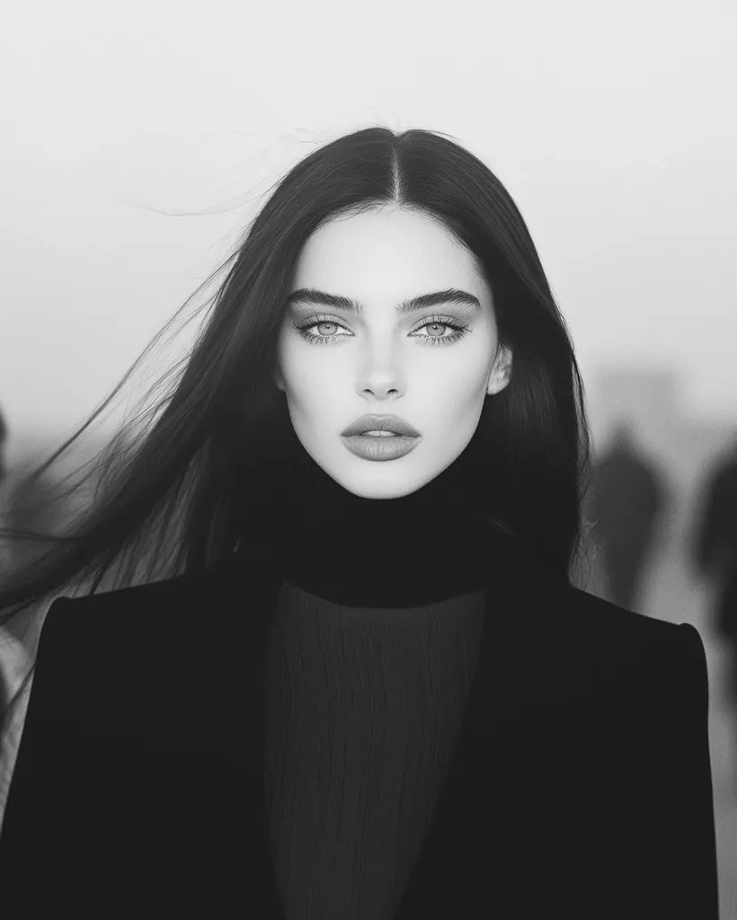 A black and white portrait of a woman with long, dark hair. She's wearing a black turtleneck and jacket, her expression is serious and her gaze is direct.  The background is blurred, suggesting an outdoor setting.  Her makeup is subtly defined, enhancing her striking features. The overall mood is chic and sophisticated.