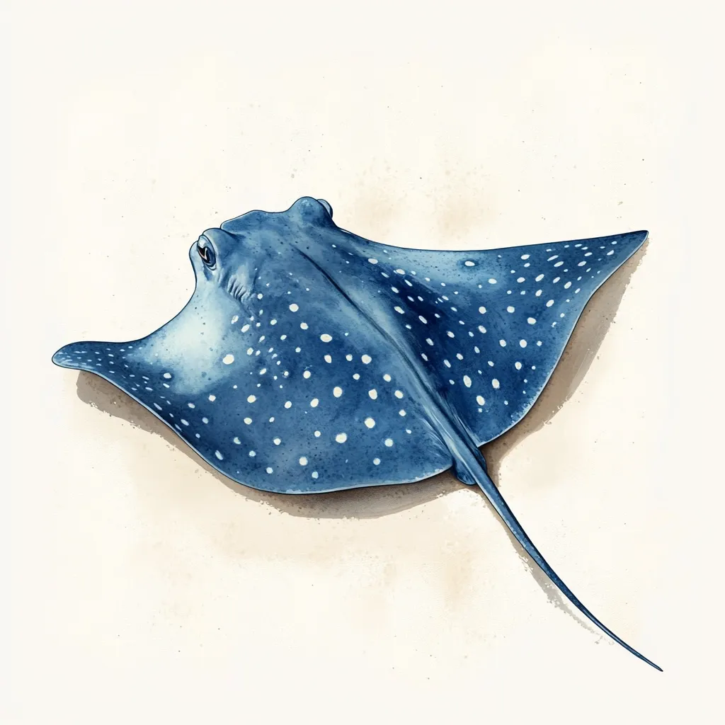 A watercolor painting depicts a blue spotted eagle ray from above.  Its body is a deep blue, speckled with numerous small, lighter blue spots. The ray's wings are spread wide, and its long tail extends downwards. The background is a muted beige, suggesting sand. The overall style is detailed and realistic, capturing the ray's texture and coloration.