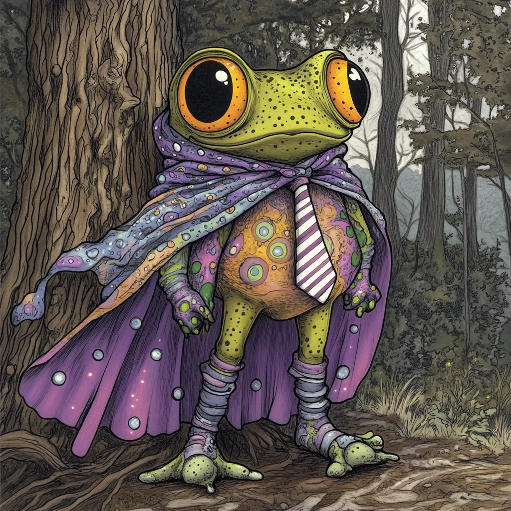 A whimsical illustration depicts a frog-like creature adorned in a vibrant purple cape and striped tie.  Large, expressive eyes and detailed skin texture give the character a unique personality. The setting is a dark forest, with a large tree trunk providing a backdrop. The creature's attire contrasts sharply with the natural surroundings, creating a magical and slightly surreal atmosphere.