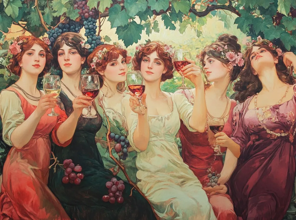 A painting depicting six beautiful women, adorned with floral headpieces, gathered under a grapevine.  They are elegantly dressed in flowing gowns and hold wine glasses, some filled with red wine, others with white. The scene evokes a sense of leisure and celebration, bathed in warm, natural light.  Bunches of grapes hang nearby, emphasizing the theme of harvest and abundance.