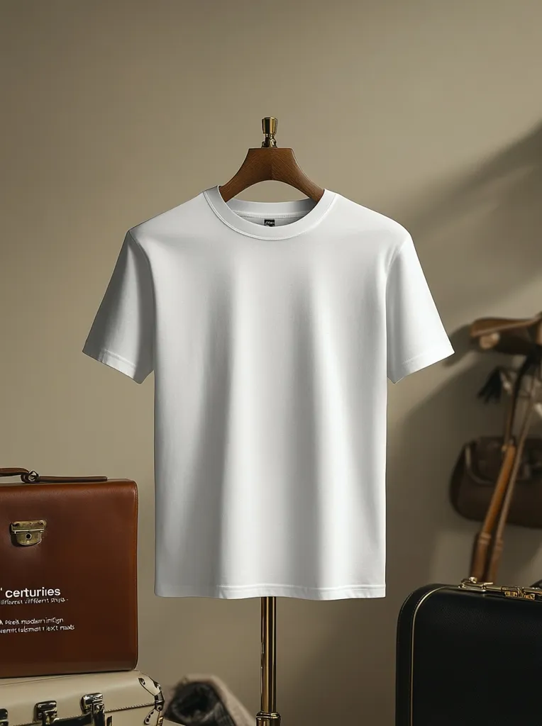 A plain white crew-neck t-shirt hangs on a wooden hanger against a beige backdrop. The simple design emphasizes the shirt's clean lines and soft fabric.  Brown leather luggage and a bag are subtly placed in the background, suggesting a travel or minimalist lifestyle aesthetic. The overall image is clean, sophisticated, and emphasizes quality.